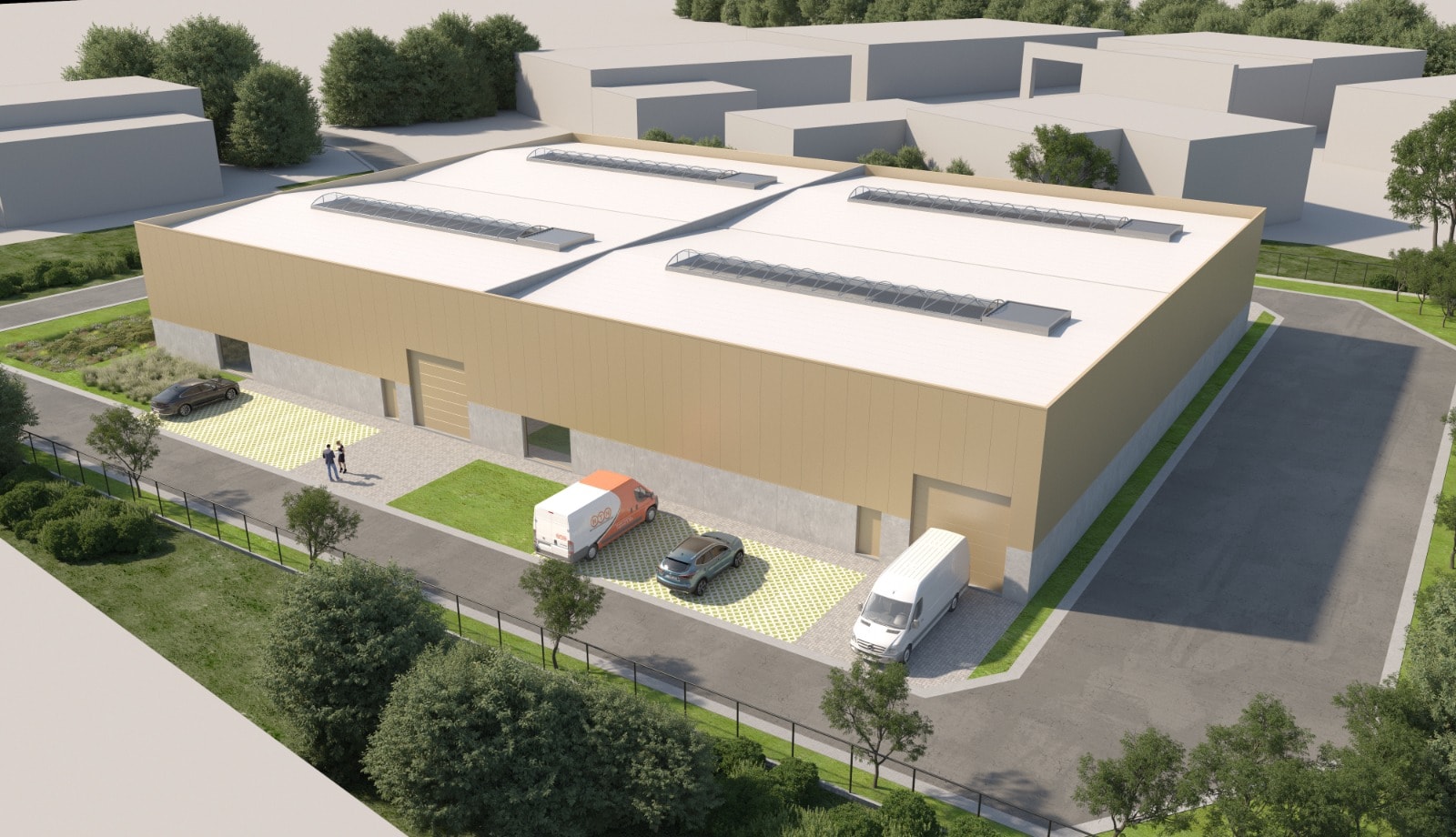 Luchtzicht op het gebouw met vier units, gouden gevelpanelen en lichtstraten op het dak